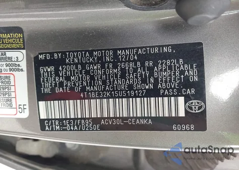 2005 Toyota Camry Le z USA, uszkodzony, nr VIN 4T1BE32K15U519127